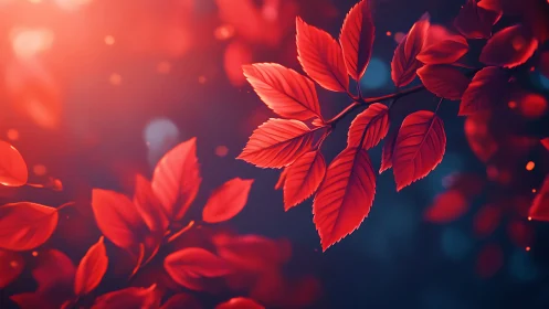 Glowing red autumn leaves drifting in dreamy evening light.