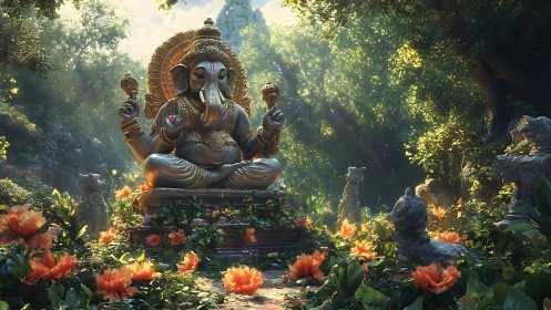Ganesha statue sits in sunlit forest shrine amid flowers