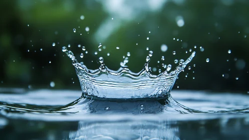High-speed macro crown splash in reflective water field.