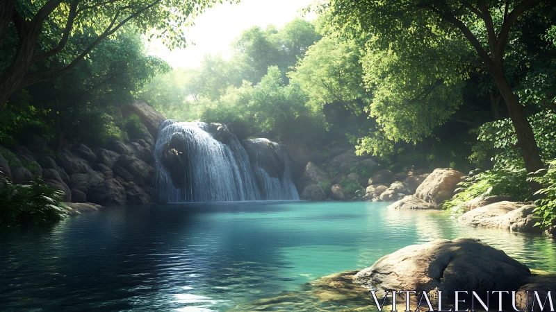 Lush forest waterfall over turquoise pool in soft daylight.
