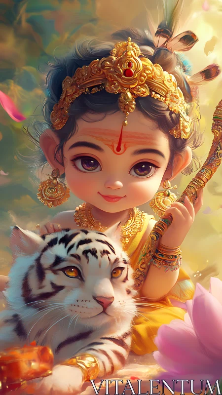 Gentle child deity resting with a loyal white tiger friend.