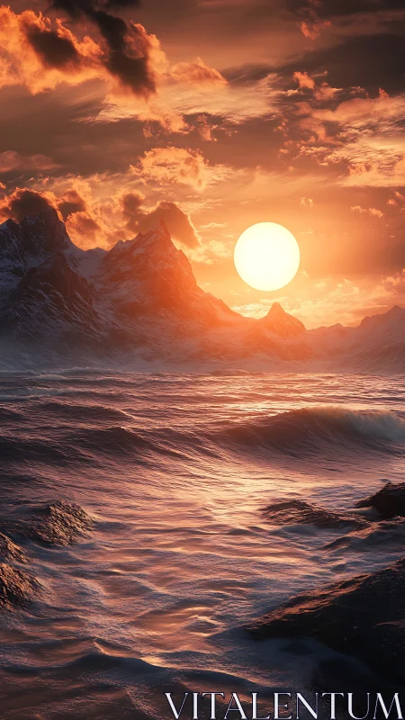 Coastal mountain shoreline under low sun over rough water.