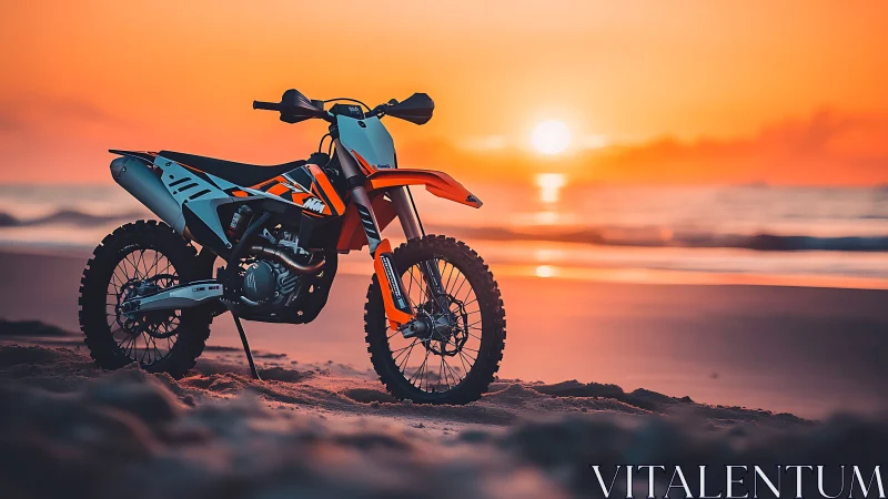 Off-road motorcycle on coastal beach at orange sunset.