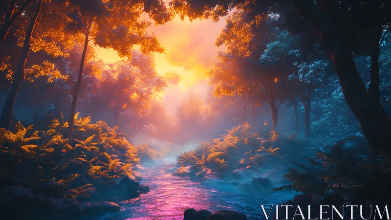 Illuminated forest pathway with luminous stream light source.