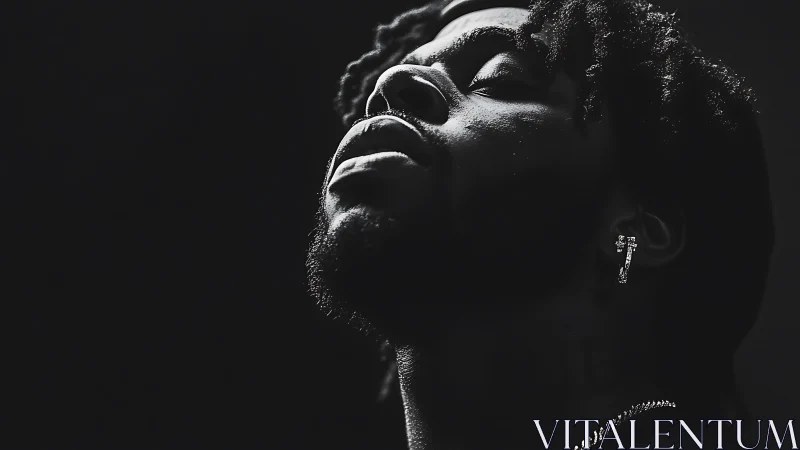 Upward gaze in dramatic monochrome portrait lighting.