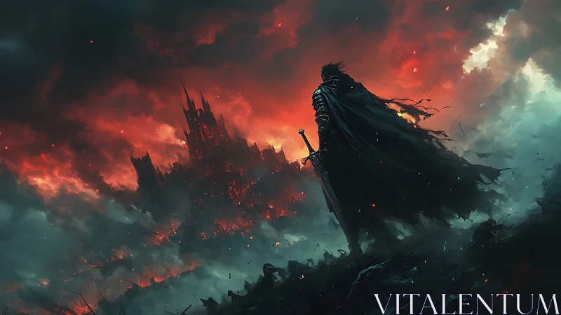 Dark warrior silhouette before burning citadel horizon.