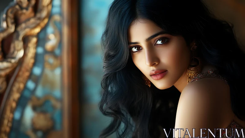 Glimmering gaze rests gently amid warm ornate shadows