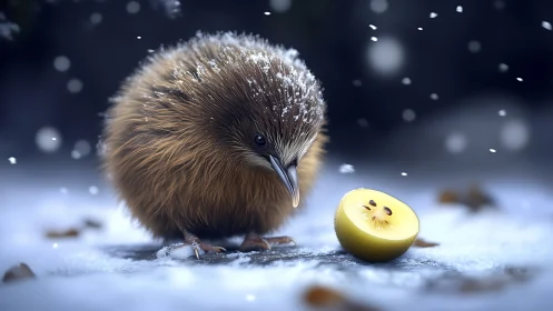 Kiwi Bird in Winter Snow with Fruit Still Life.