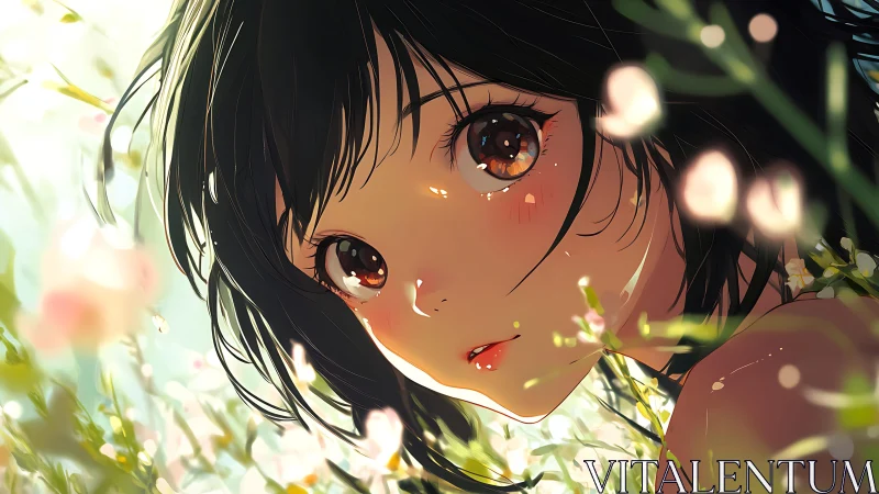 Sunlit meadow girl with gentle eyes and soft spring glow.