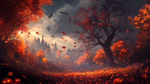 Autumn forest path with castle silhouette and scattered pumpkins.