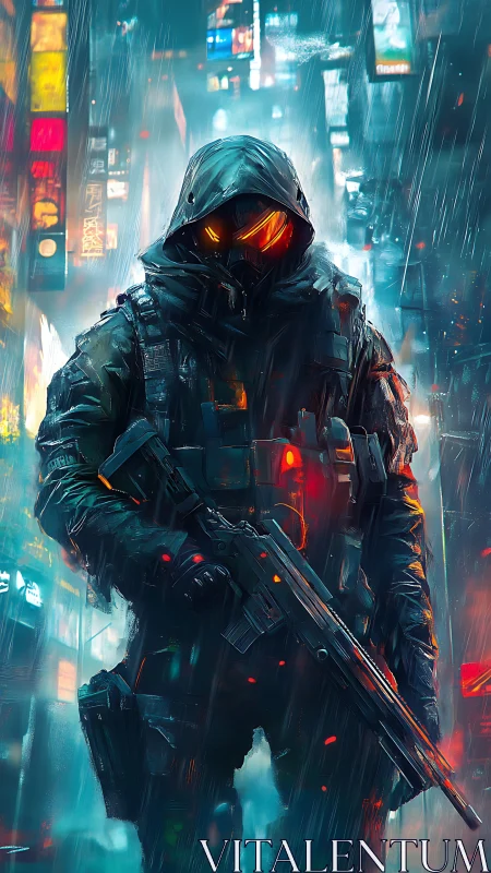 Armored urban operative with glowing visor patrols neon rain city