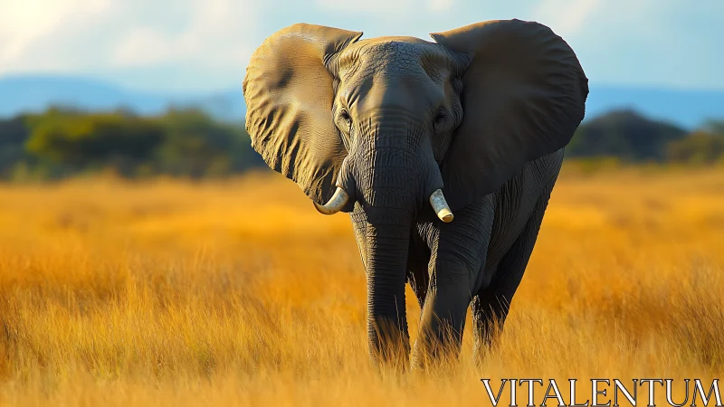 Telephoto shot isolates lone African elephant in golden savanna