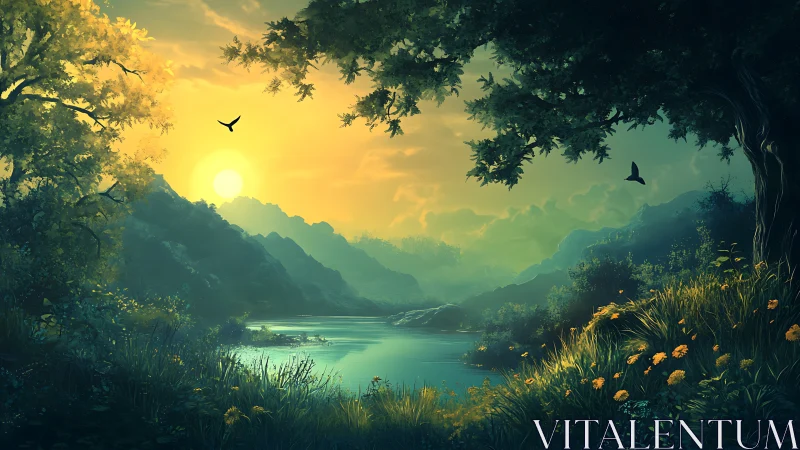 Sunlit valley river cradled by whispering emerald hills.