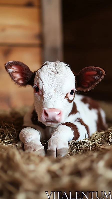 Newborn calf resting on straw bedding in warm barn.