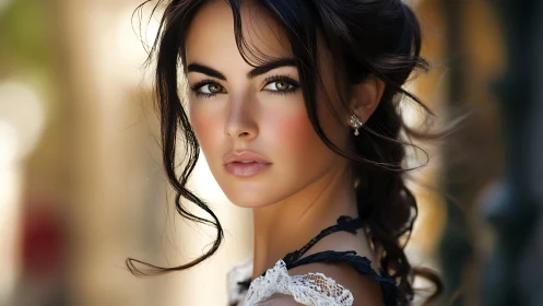 Soft city light crowns a poised gaze with quiet brilliance