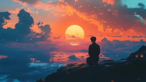 Solitude on a sky-tide cliff beneath ember-soaked sunset.