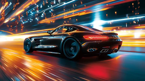 Neon night racer slices through electric city lightstream.