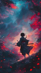 Lone samurai strides through fiery dusk-lit forest path