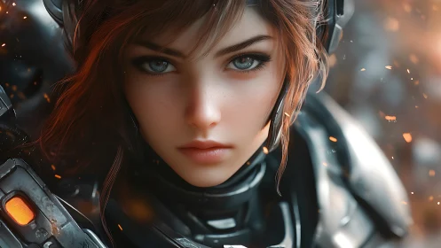 Fierce female cyborg warrior stares ahead in burning dusk