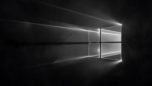 Minimalist luminous window grid with volumetric light beams.