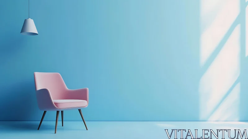 Pastel armchair in minimal cyan interior under soft daylight.