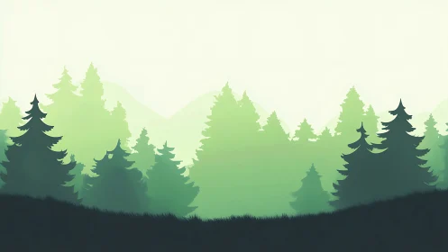 Layered Forest Landscape with Mist and Evergreen Trees