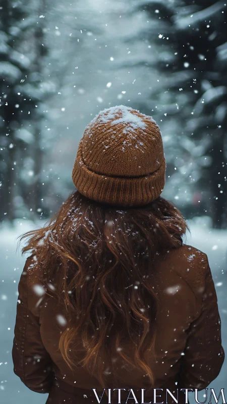 Winter wanderer pauses quietly in a softly falling snowfall