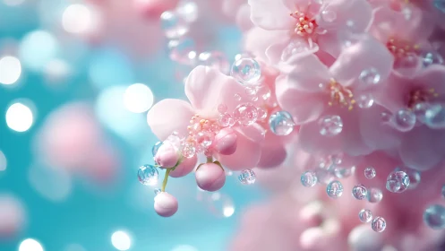 Pink flowers with water droplets and bokeh light effects