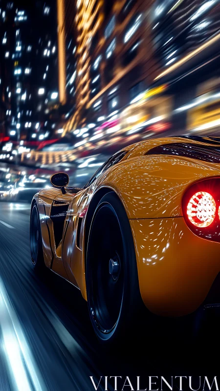 Orange sports car moves through illuminated city street at night