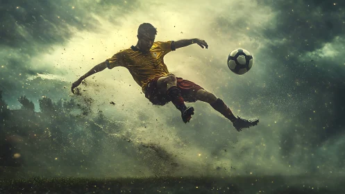Stormlit soccer kick frozen in a sky full of sparks.