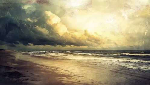 Golden stormlit shoreline glows beneath dramatic evening sky