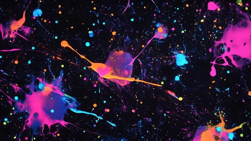 Neon paint splatter galaxy over deep black canvas ground.