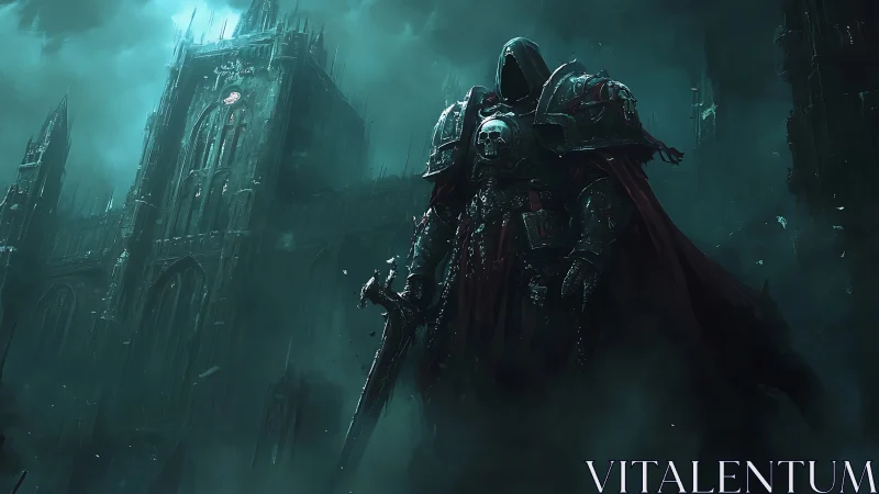 Hooded warlord dominates Gothic fortress in cyan mist.