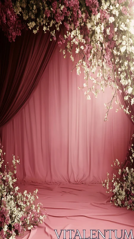 Pink draped backdrop with cascading white and pink florals.