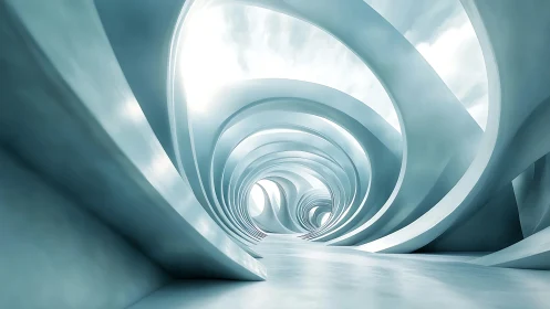 Spiral Tunnel Rendering: Ethereal Blue Architectural Vortex Structure.