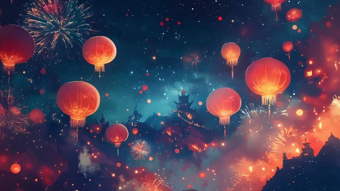 Lanterns and fireworks occupy a stylized night festival sky