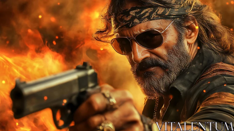 Gritty gunman in sunglasses aiming amid roaring flames.