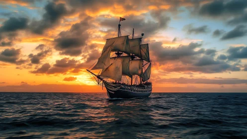 Photorealistic tall ship silhouette in sunset seascape composition.