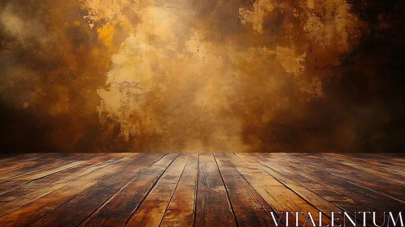 Rustic wooden floor against warm textured wall background.