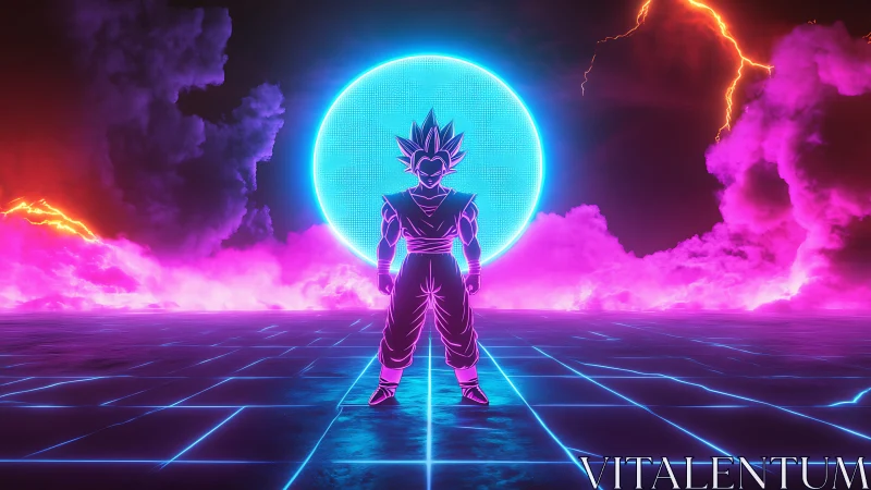 Neon-lit Saiyan silhouette before holographic grid moon