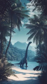 Gentle dinosaur wanders a tranquil tropical lakeside dream