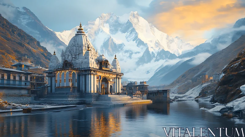 Majestic riverside temple rests quietly beneath glowing peaks