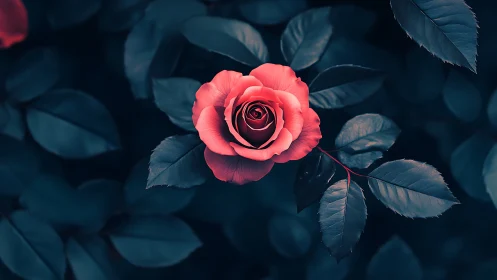 Red rose with dark teal foliage background