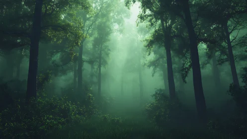 Misty forest awakens to ethereal light.