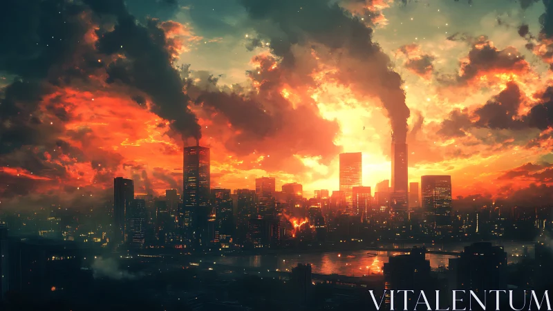 Apocalyptic sunset over burning industrial riverfront skyline.