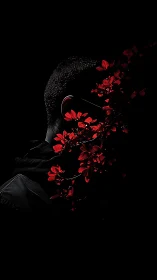 Low-key portrait with scarlet florals in chiaroscuro contrast.