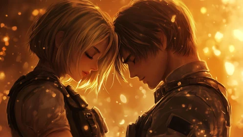 Two souls converge in luminous embrace, forged in golden fire.
