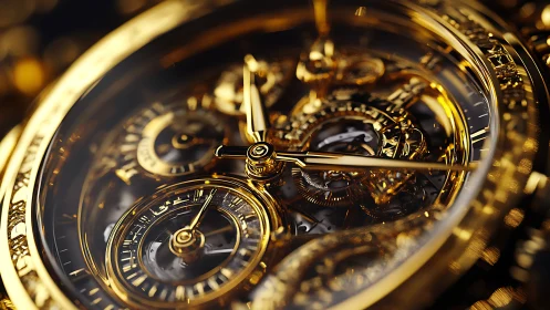 Luminous gold skeleton watch macro with intricate gearing.