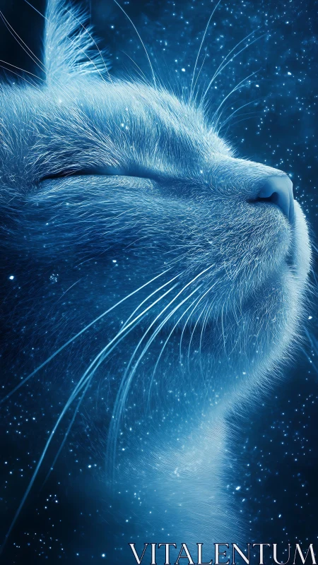 Ethereal Blue Cat Head with Luminous Particle Effects.