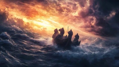 Storm-tossed longboat under blazing apocalyptic sky.